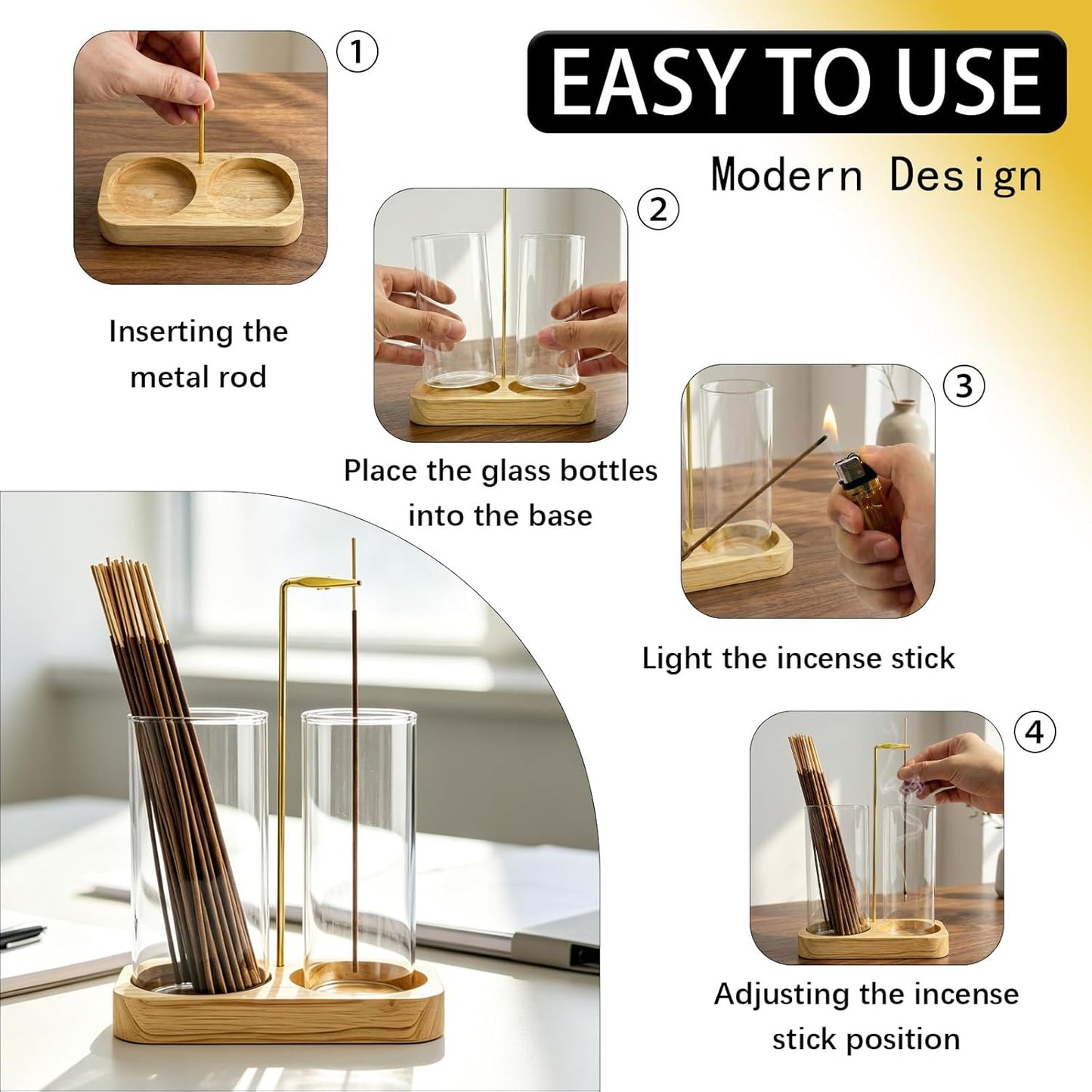 Incense Holder,Wooden Incense Holder for Sticks with 20 Incense Sticks, Anti-ash Incense Burner with Glass Ash Catcher for Meditation Yoga Spa Gift Home Decor