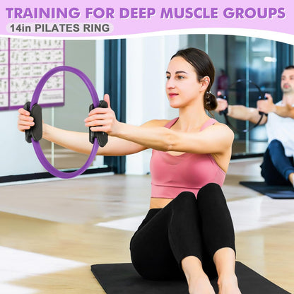 Goocrun Pilates Ring Set Exercise Equipment, with Exercise Resistance Bands Set, Pilates Ball, Sliding Disks. Portable Home Gym - with Fitness Guide Poster