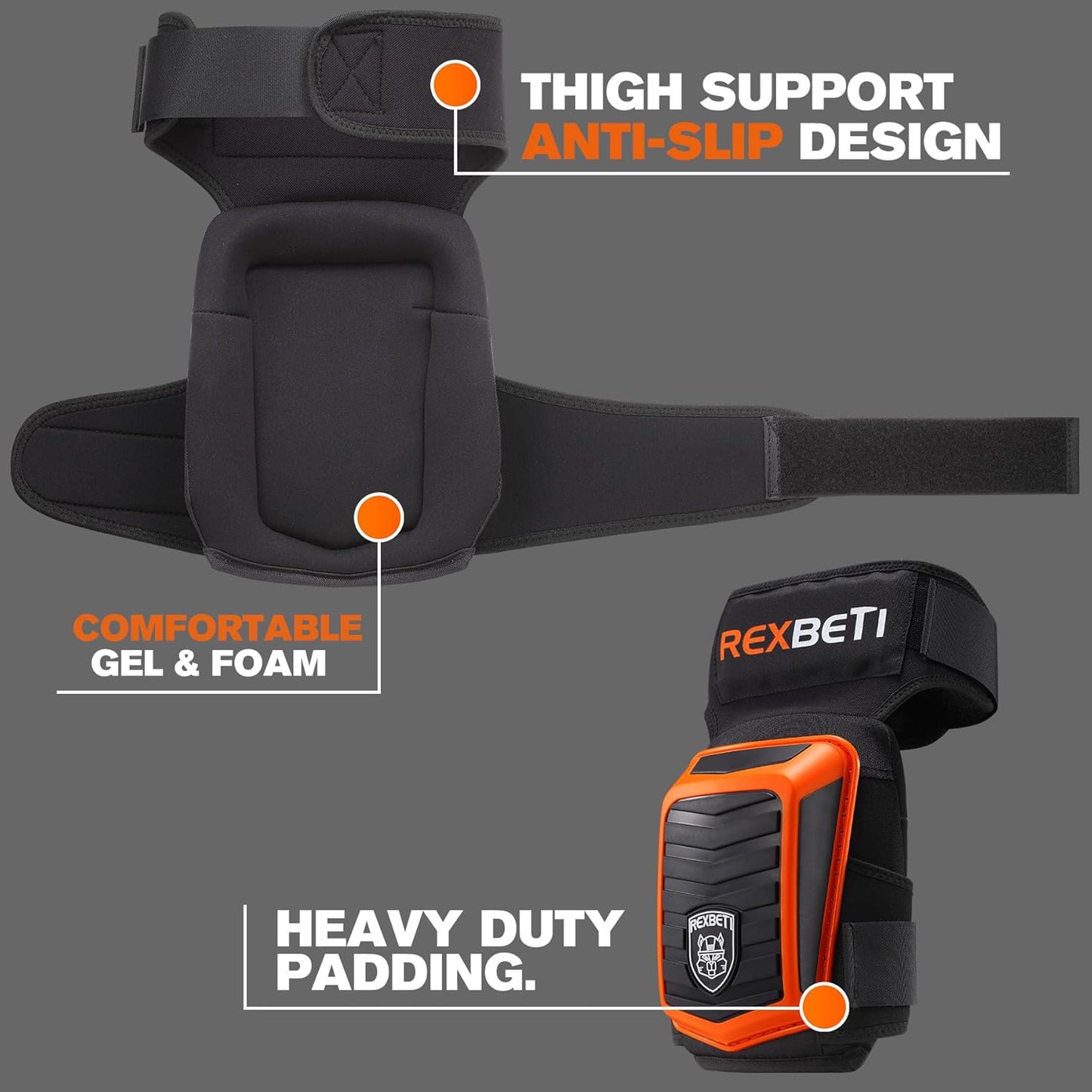 REXBETI Knee Pads for Work, Construction Knee Pads for Men, Heavy Duty Comfortable Anti-slip Foam Gel Knee Pads for Gardening Flooring and Cleaning, Strong Stretchable Straps, Orange