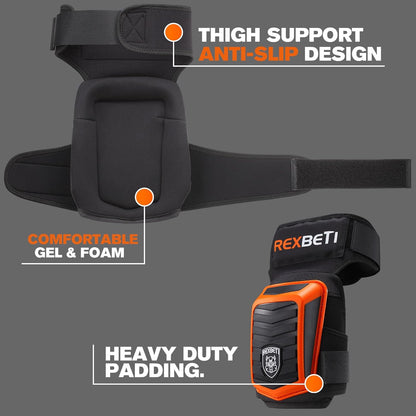 REXBETI Knee Pads for Work, Construction Knee Pads for Men, Heavy Duty Comfortable Anti-slip Foam Gel Knee Pads for Gardening Flooring and Cleaning, Strong Stretchable Straps, Orange