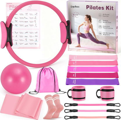 Home Pilates Essentials Kit for Women, Magic Circle Pilates Equipment Ring and Ball Set, Resistance Bands Workout Guide Video for 28 Day Pilates Challenge Starter Kit for Beginners