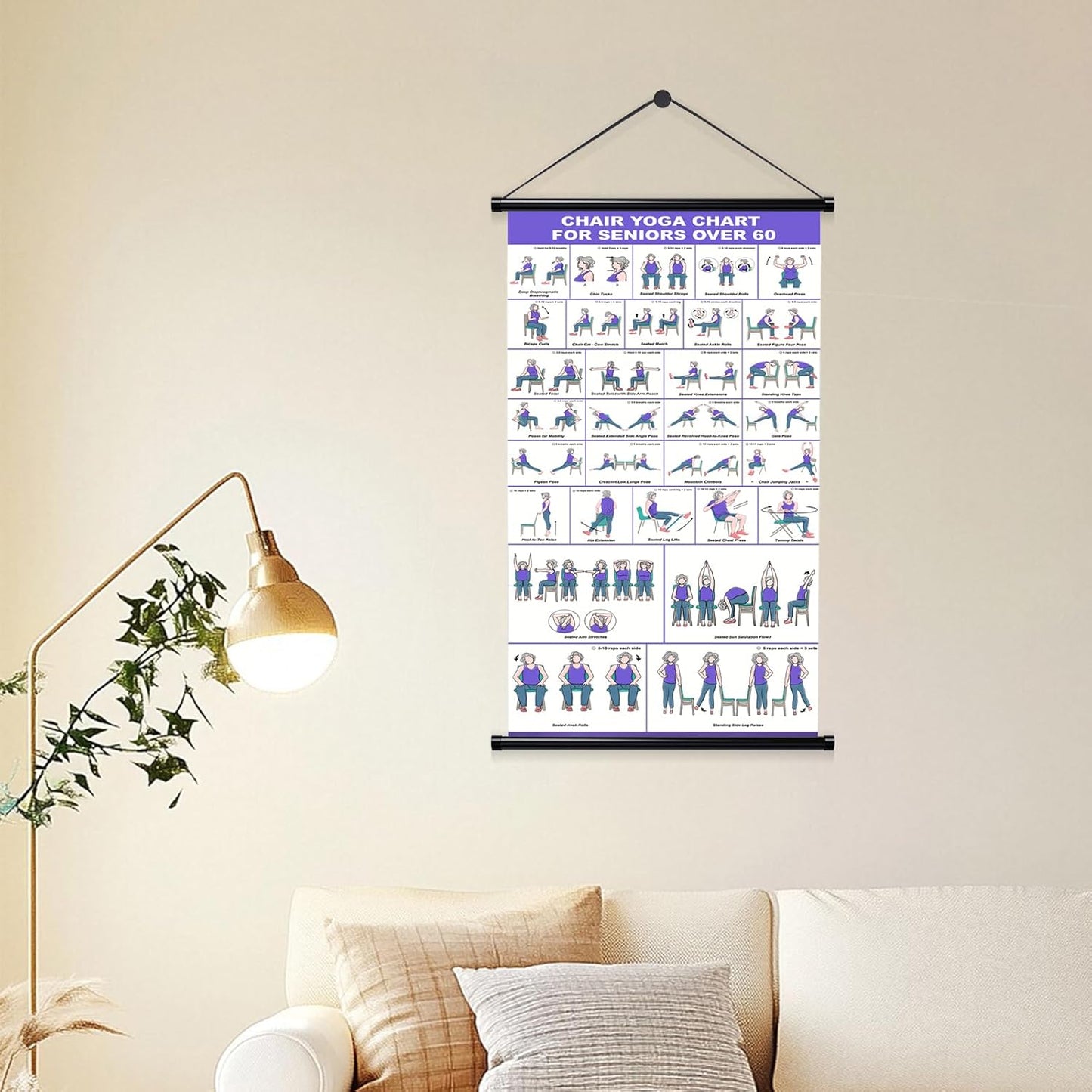 GiftNest Chair Yoga Wall Chart – 31 Poses for Seniors & Beginners – Fabric Poster with Hanging Rod & Rope – Durable, Foldable, and Easy to Display in Home or Office – Stretching & Mobility Guide