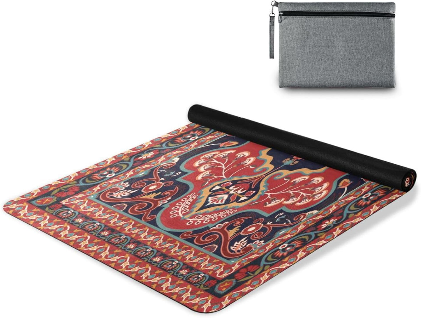 Kigai Travel Yoga Mat 71" x 24" Non Slip Natural Rubber Foldable Exercise Mat Ultra Thin 1.5mm Lightweight for Fitness, Pilates & Home Workout, Persian Design