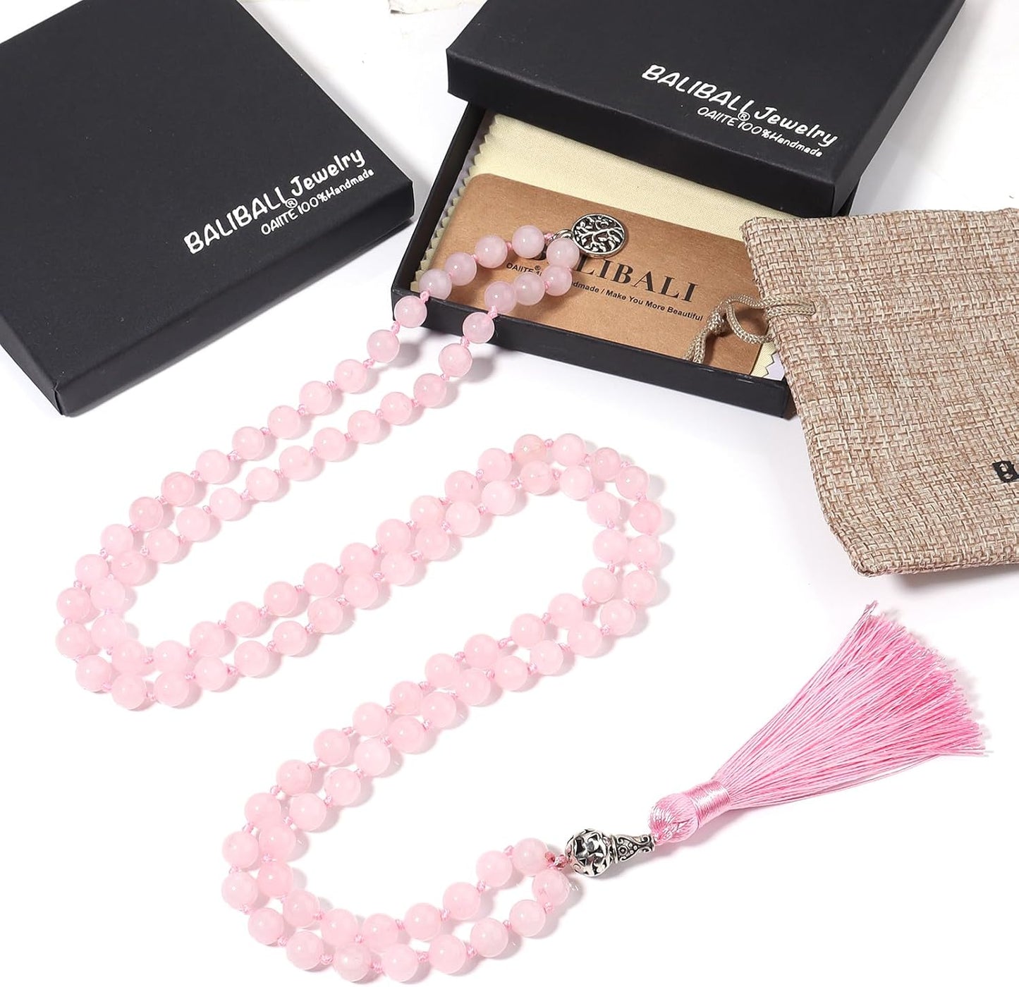 108 Mala Beads Necklace Semi-Precious Gem Stones Meditation Necklace 108 Hand Knotted Japa Mala Beaded Tassel Necklace with Tree of Life Pendant