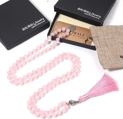 108 Mala Beads Necklace Semi-Precious Gem Stones Meditation Necklace 108 Hand Knotted Japa Mala Beaded Tassel Necklace with Tree of Life Pendant