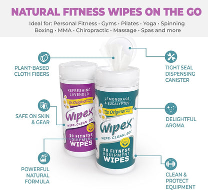 Wipex Original Fitness Equipment Wipes -EWG Verified - 50 Count Plant-Based No-Lint Cloth Gym Wipes for Workout Equipment, Yoga Mat Cleaner, Peloton Cleaner with Lavender Essential Oil & Vinegar,