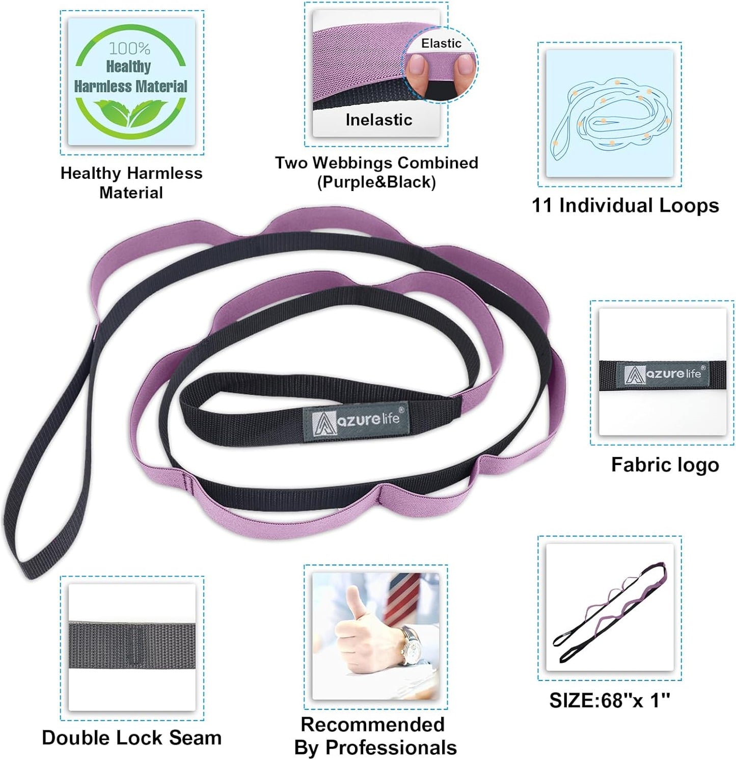 A AZURELIFE Half-Elastic Stretch Straps with 11 Loops, Stretching Strap for Physical Therapy, Multi-Loop Yoga Strap Fitness Exercise Strap for Yoga, Pilates, Dance, Flexibility&Exercise