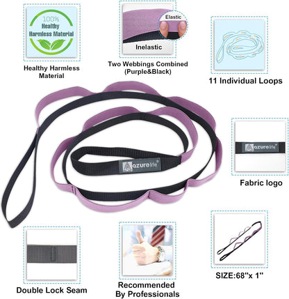 A AZURELIFE Half-Elastic Stretch Straps with 11 Loops, Stretching Strap for Physical Therapy, Multi-Loop Yoga Strap Fitness Exercise Strap for Yoga, Pilates, Dance, Flexibility&Exercise