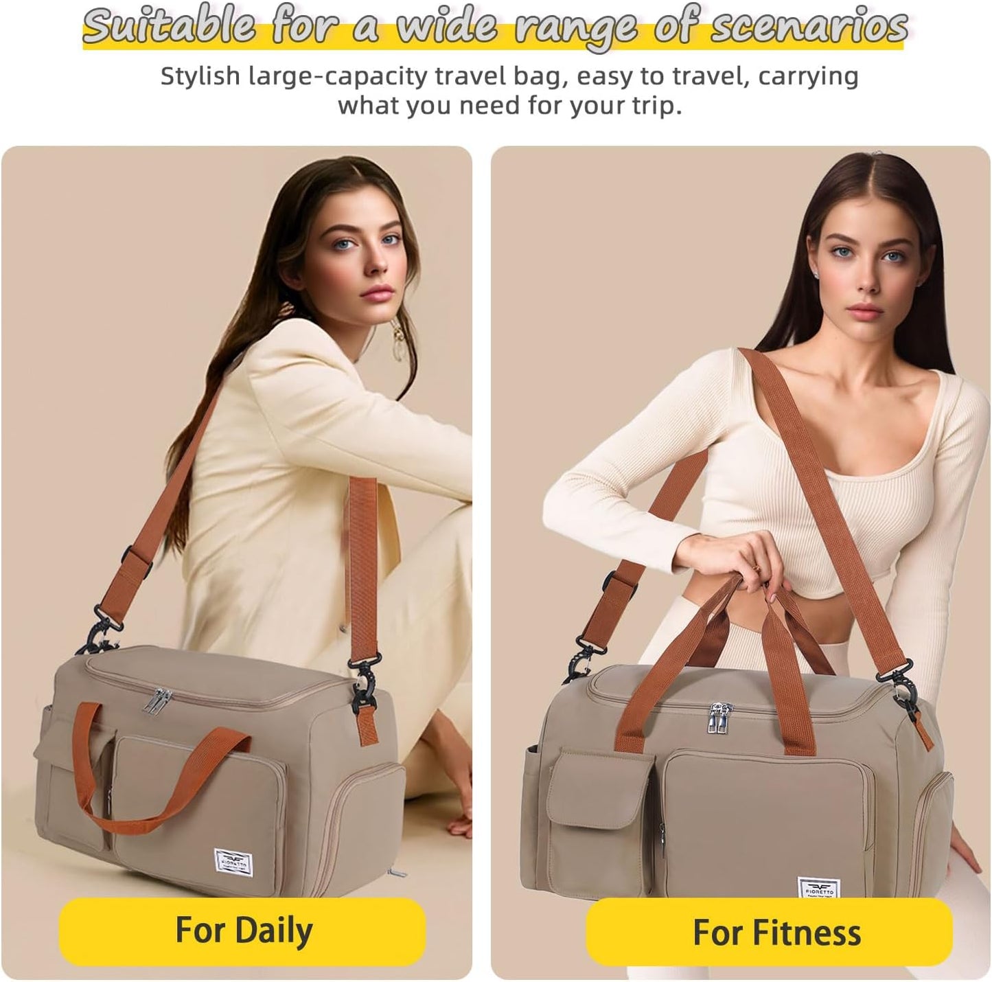 FIORETTO Women's Gym Duffle Bag with Shoes Compartment, 30L Capacity, Ideal for Travel, Gym, Sports, Duffel, Weekender