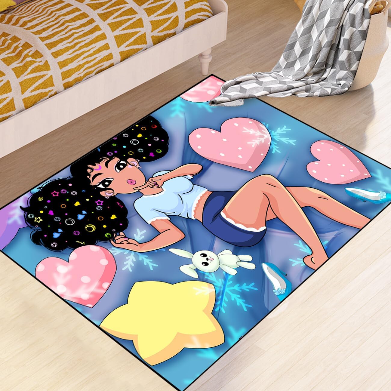 Black Girl Area Rug for Bedroom African Black Girls Floor Rugs for Living Room Playroom Cartoon Art Home Decor Soft Yoga Mats for Women Afro Purple 47" x 31" (2.7 x 3 Feet)