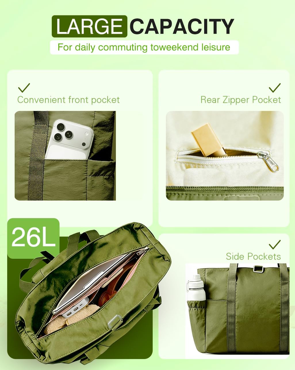 Tote Bag for Women, 26L Capacity Travel Purses Work Bag, Small Zipper Tote Bag for Travel Nurse Gym Teacher