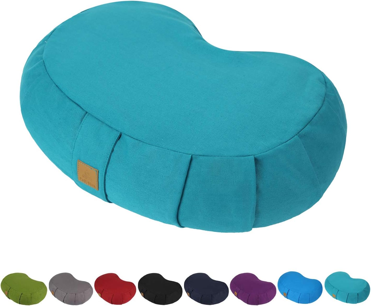 Crescent Zafu Meditation Pillow, D=17" W=11" H=5.5" Zabuton Yoga Bolster, Meditation Cushion, Floor Pouf Yoga Pillow Zippered Organic Cotton Cover Natural Buckwheat kneeling pillow - Large