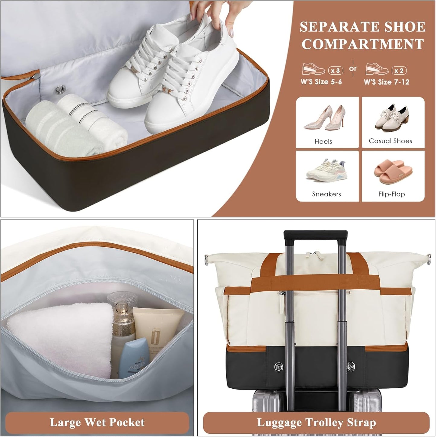 ETRONIK Gym Bag for Women, Personal Item Travel Bag with Shoes Compartment, Weekender Overnight Duffel Bag with Wet Pocket, Carry On Bag for Women, Travel, Gym, Weekend (Beige)