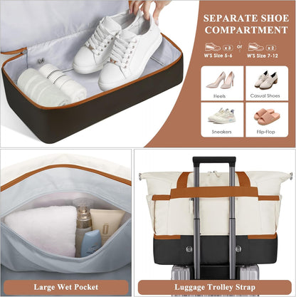 ETRONIK Gym Bag for Women, Personal Item Travel Bag with Shoes Compartment, Weekender Overnight Duffel Bag with Wet Pocket, Carry On Bag for Women, Travel, Gym, Weekend (Beige)