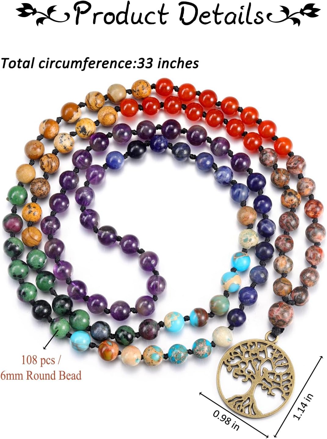 GEHECRST Natural 7 Chakra 108 Mala Prayer Beads Necklace with Reiki Healing Crystal Pointed Pendant 6mm Gemstones Beads Necklace Mens Womens Jewelry for Meditation, Protection
