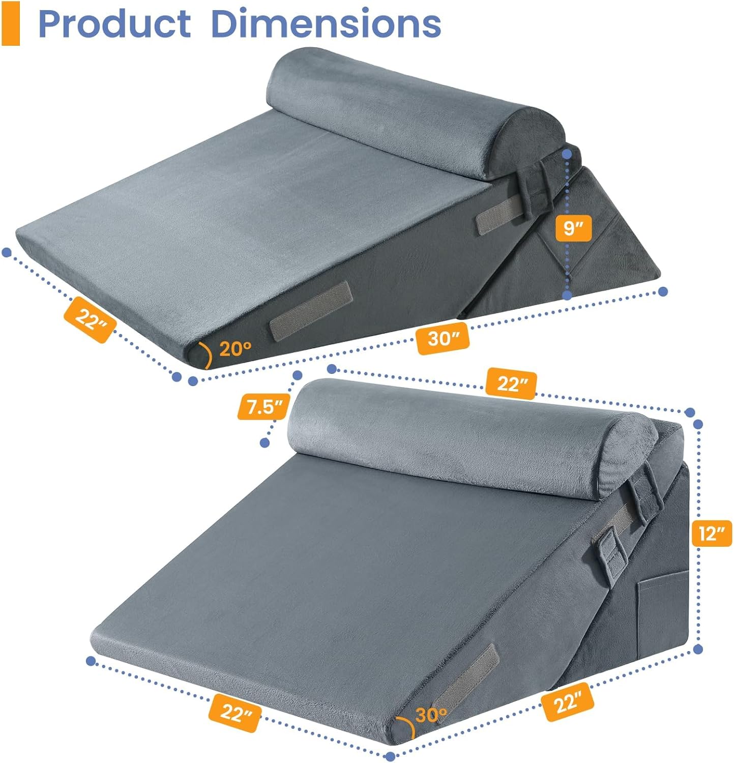 Sasttie Wedge Pillow Set for After Surgery, 2PCS Adjustable Bed Wedge Pillow Headboard with Memory Foam Neck Cushion – for Acid Reflux, Sleeping, Neck & Back Support, Dark Grey