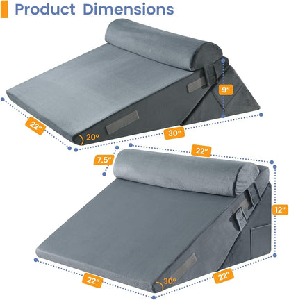 Sasttie Wedge Pillow Set for After Surgery, 2PCS Adjustable Bed Wedge Pillow Headboard with Memory Foam Neck Cushion – for Acid Reflux, Sleeping, Neck & Back Support, Dark Grey