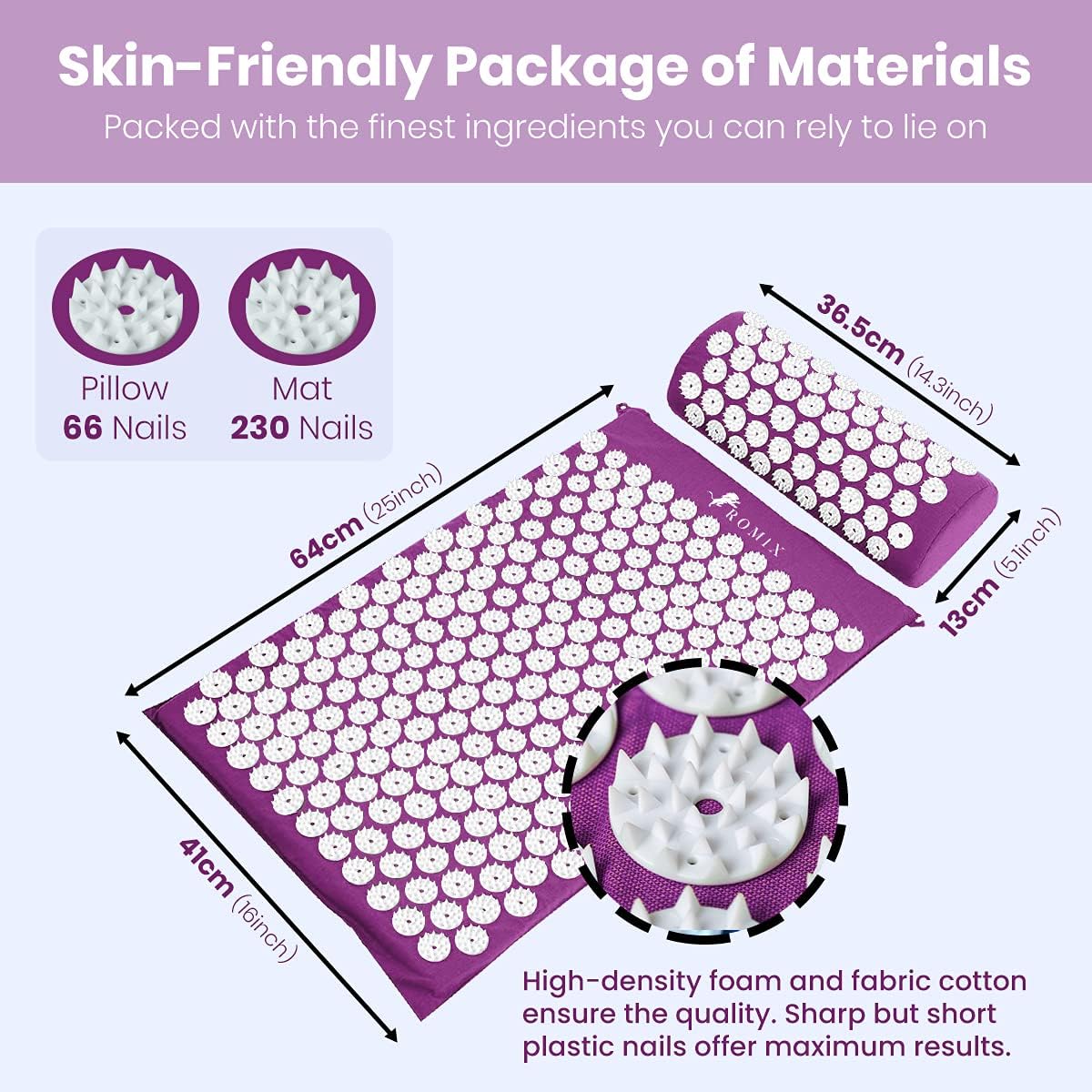 ROMIX Acupressure Mat and Pillow Set, Acupuncture Mat for Back Pain, Neck, Shoulder Pain Relief, Stress Reduction, Wellness Therapy, Cushioned Acupressure Mats with Carry Bag for Men and Women