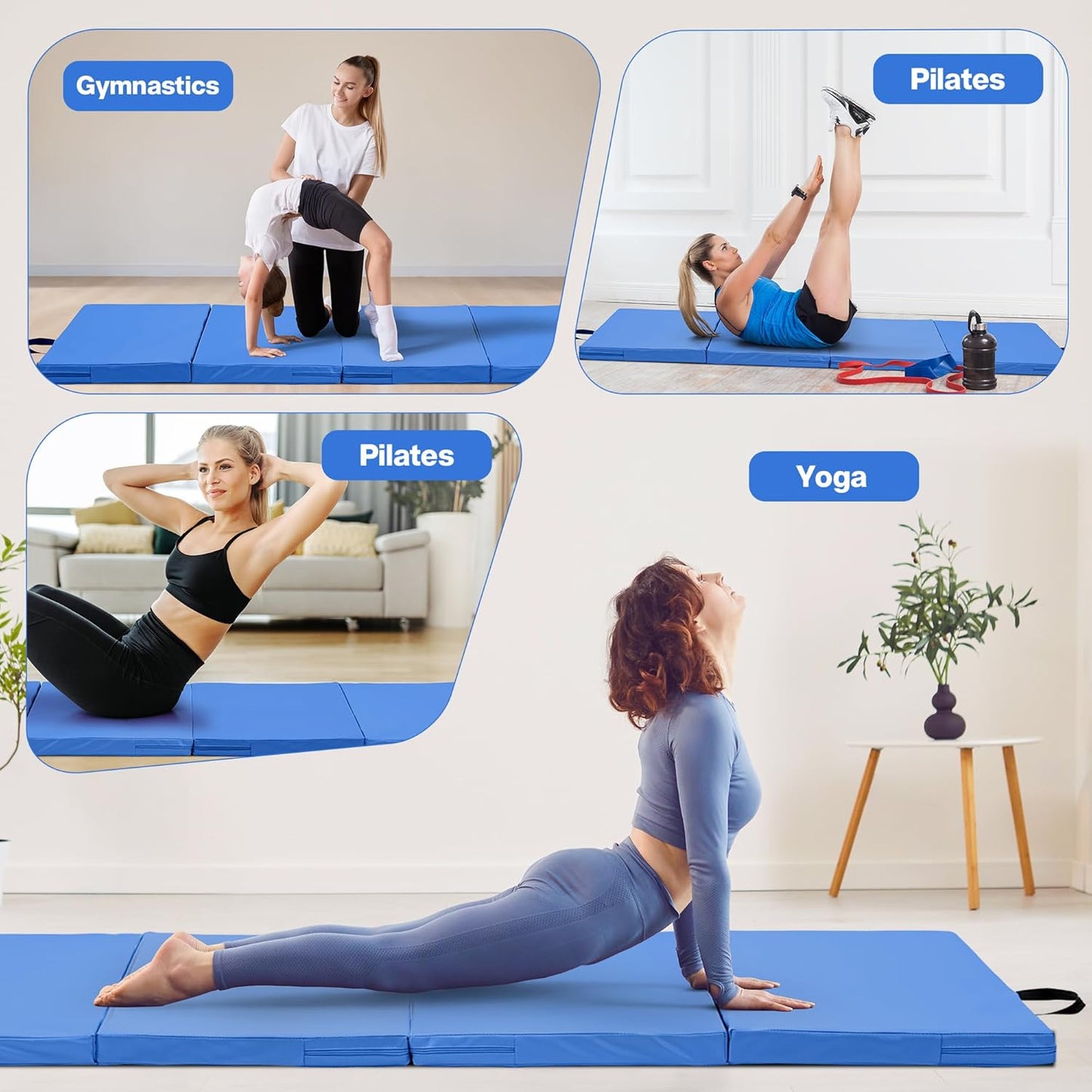 Outdoor Basic 6'x3'x2'' Gymnastics Mats Portable 4-Fold Tumbling Mat Thick Yoga Mat with PU Leather & Carry Handle for Home Workout, Yoga, MMA Core Training, Pilates