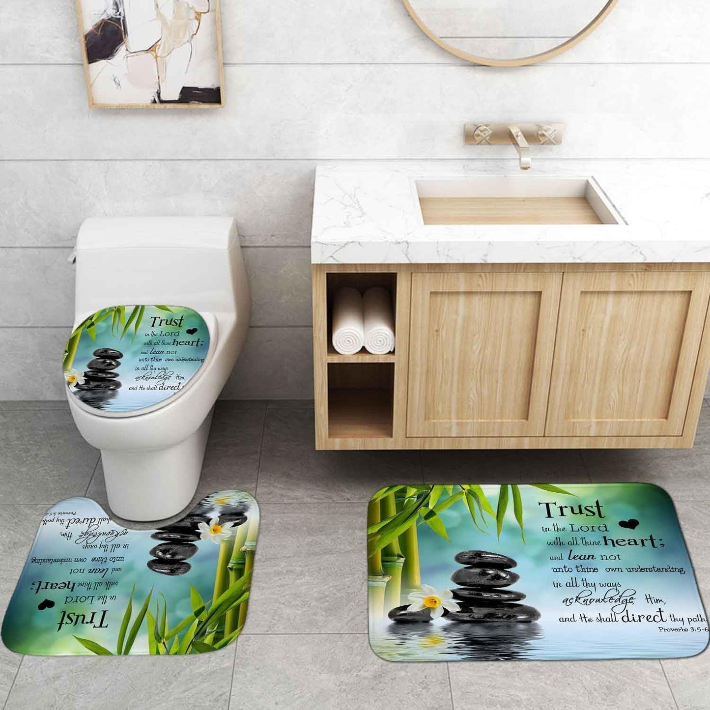 4PCS Spa Zen Shower Curtain Sets with Rugs, White Shower Curtain, Pink Floral Orchid Lotus Water Lily Stone Bamboo Water Reflection Yoga Massage Relaxing Spiritual Meditation Bathroom Decor