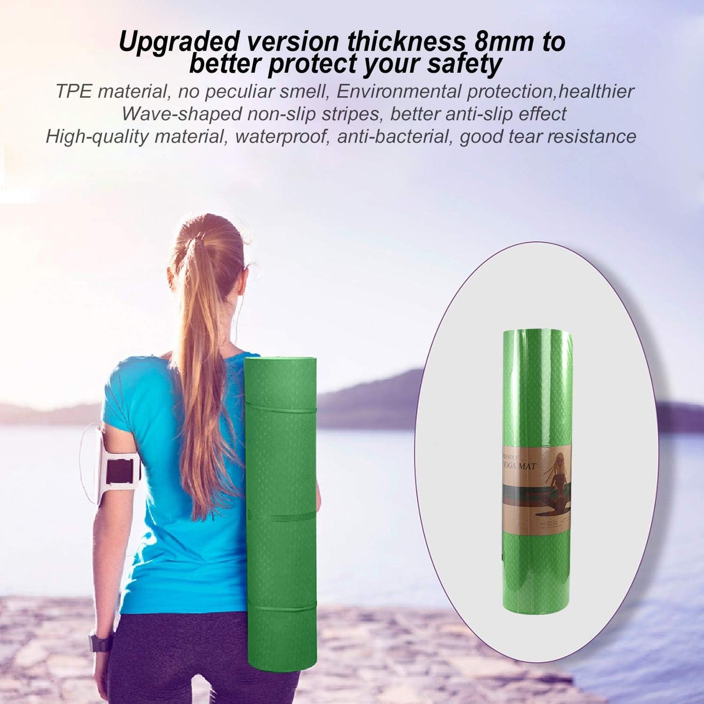 Yoga Mat 1/3" (8mm) Thick Non-Slip, Women Men Fitness & Exercise Mat, 72"Lx24"W Eco-Friendly TPE Workout Mat with Carrying Strap for Yoga, Pilates, Home Gym, Floor Exercises