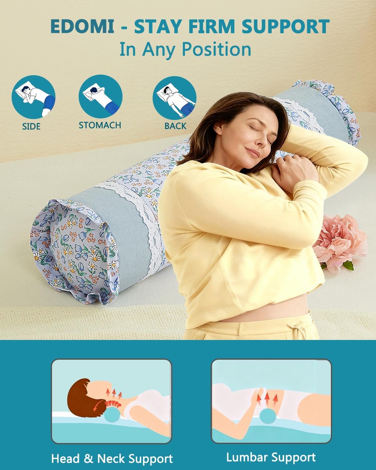 Buckwheat Hull Neck Roll Pillow -15.7" x4.7” Adjustable Firmness Cervical Support for Sleep & Yoga, Cooling Floral Cotton Cover, Ergonomic Bolster Pillow, Blue
