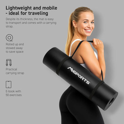MSPORTS Yoga Mat Premium Non Slip Thick – Extra Comfortable Exercise Mat for Home Workouts, Pilates, Stretching & Gym – Cushioned NBR Foam, Gym Mat with Strap, for Women & Men