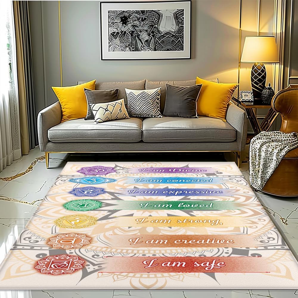 Chakra Area Rug, Meditation & Yoga Carpet for Living Room, Bedroom Mandalas Boho Style Non-Slip Machine Washable Rugs for Women Adults Yoga Lovers Bohemian Floor Mat Office Decor (YOGA-DS01)