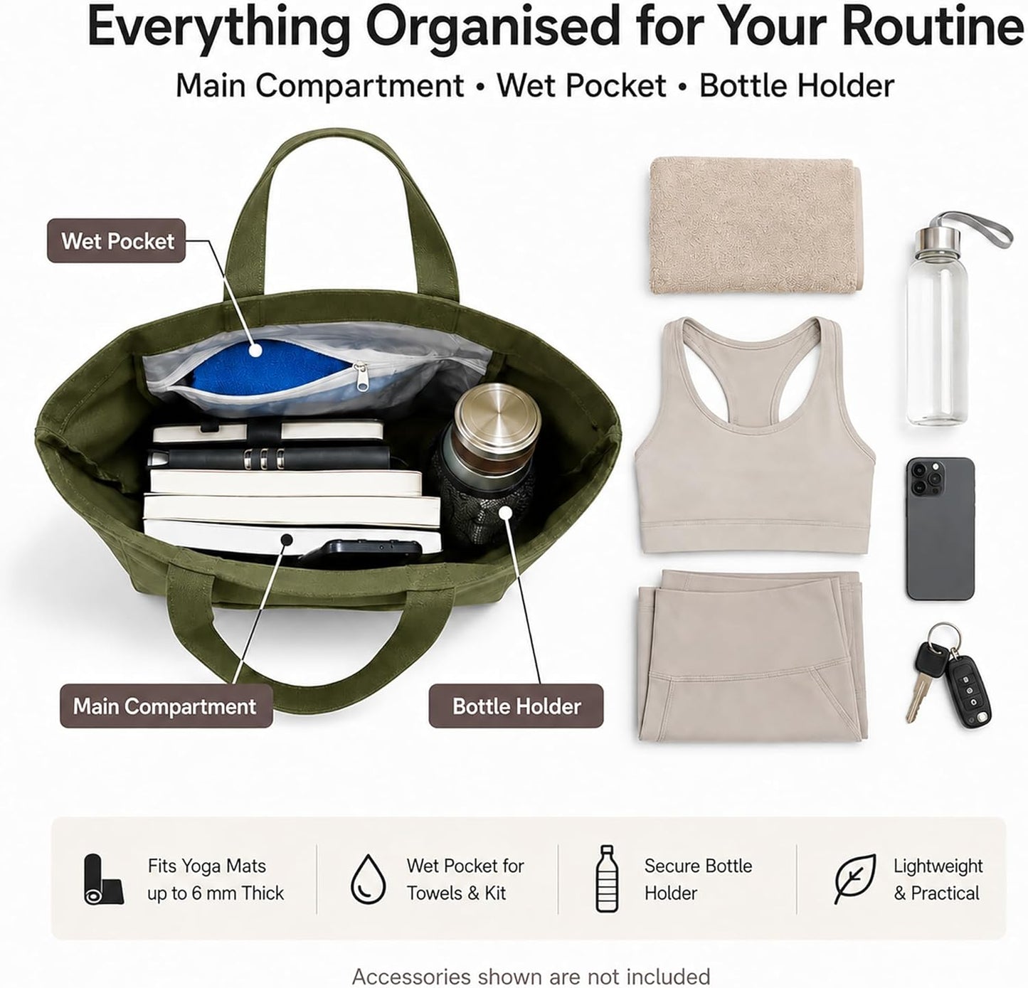 Yoga Mat Bag for Women, 100% Cotton Canvas Tote with Wet/Dry Pocket, Bottle Holder and Inner Zipper Pocket, 25L Carrier for Pilates and Travel