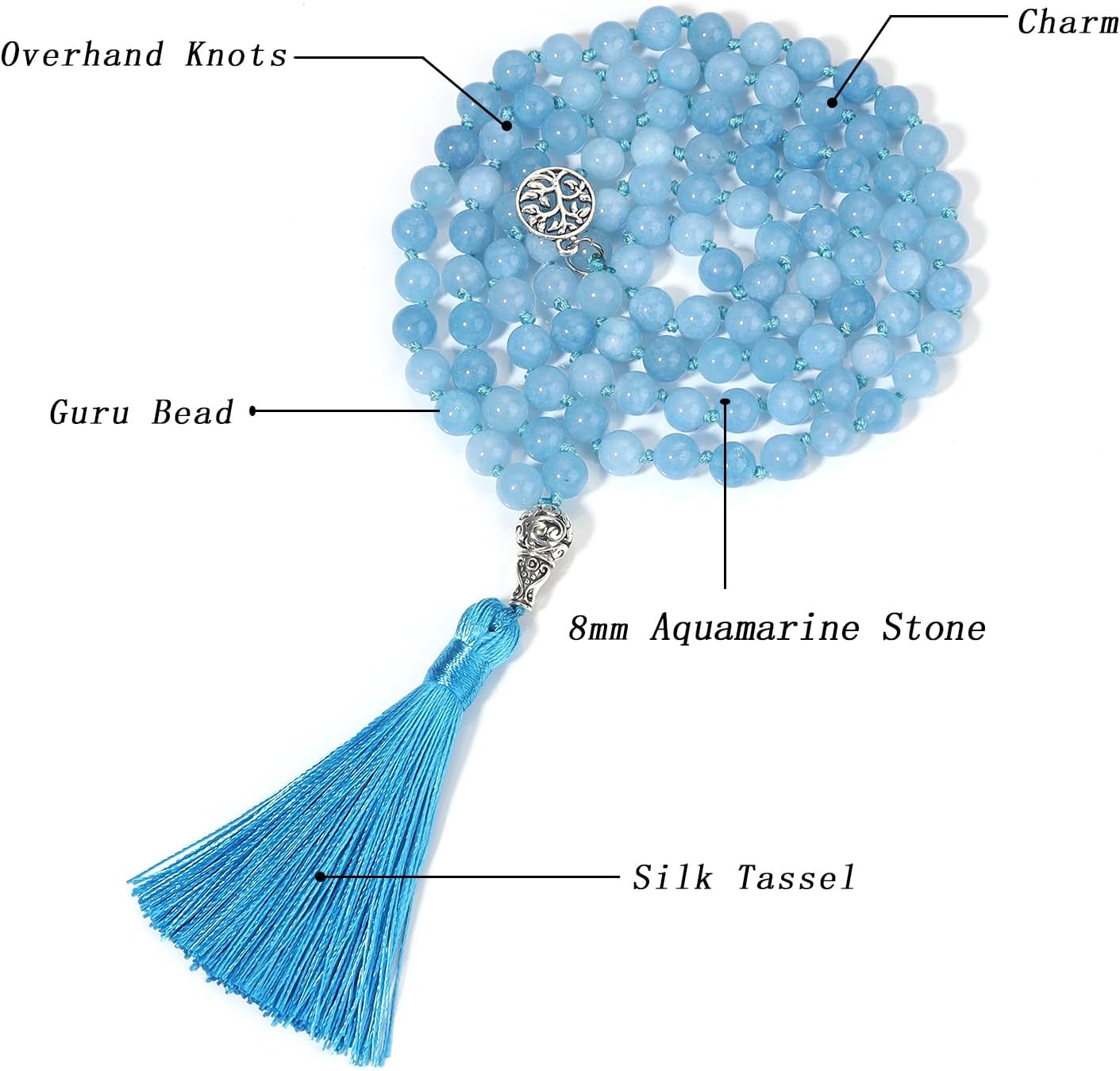108 Mala Beads Necklace Semi-Precious Gem Stones Meditation Necklace 108 Hand Knotted Japa Mala Beaded Tassel Necklace with Tree of Life Pendant