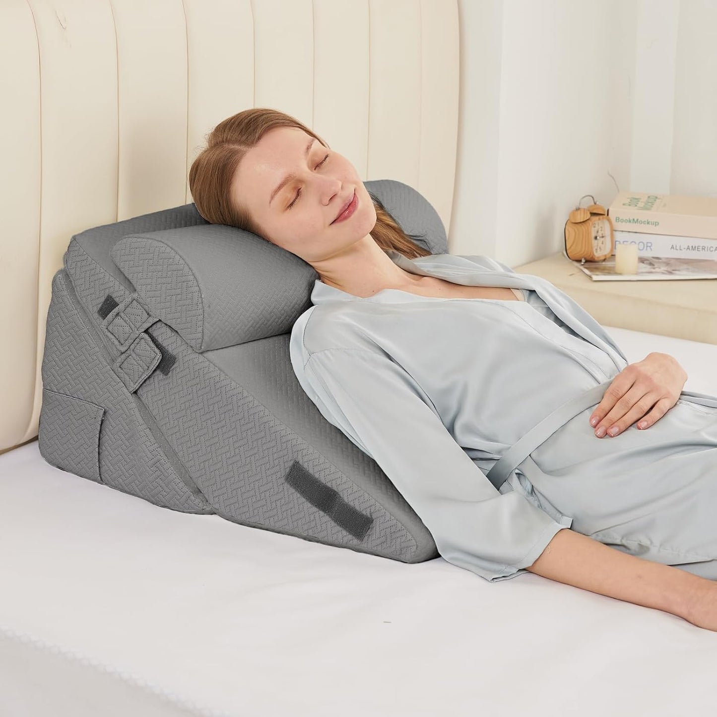 Sasttie Wedge Pillow Set for After Surgery, 2PCS Adjustable Bed Wedge Pillow Headboard with Memory Foam Neck Cushion – for Acid Reflux, Sleeping, Neck & Back Support, Dark Grey
