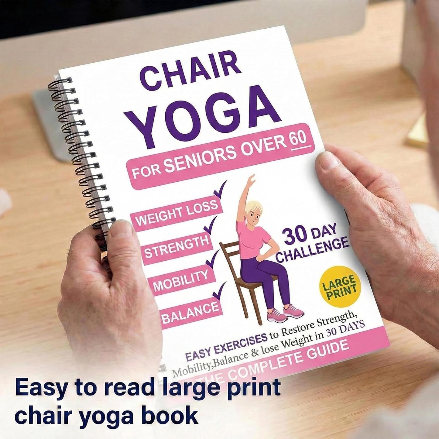 Chair Yoga for Seniors Over 60, 30-Day Challenge Gentle Seated Yoga Exercises Guidebook, Step-by-Step Fitness Planners Instructions Books for Seniors Beginners – 8.2″ x 5.5″ Pink Yoga Book