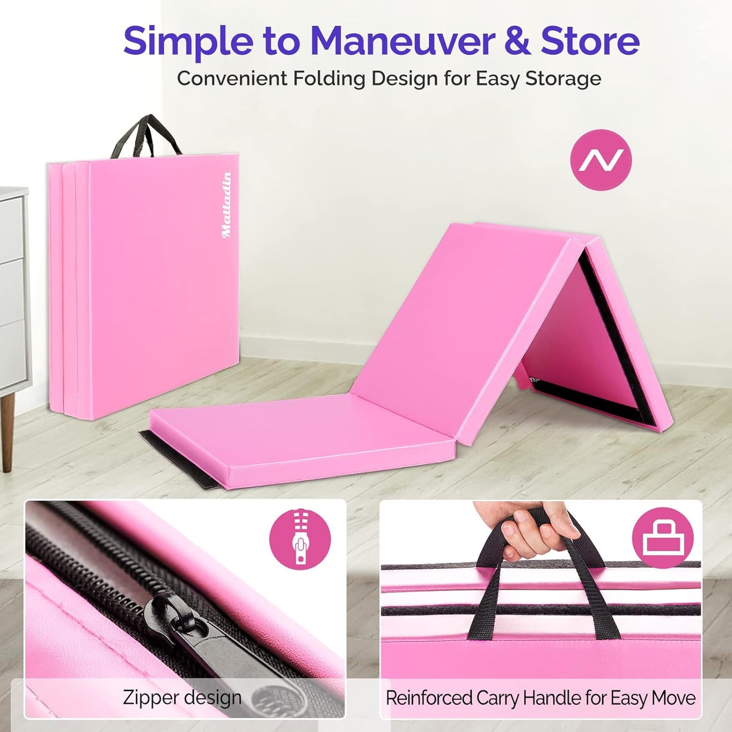 Matladin 6' Folding Tri-fold Gymnastics Gym Exercise Aerobics Mat, 6ft x 2ft x 2in PU Leather Tumbling Mats with Hook & Loop Fastener for Stretching Yoga Cheerleading Martial Arts