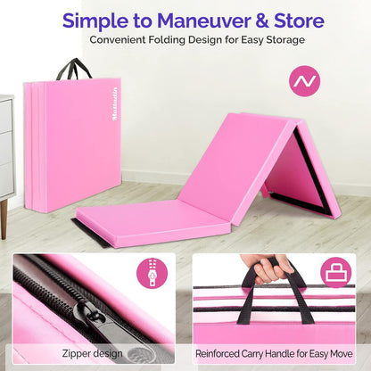 Matladin 6' Folding Tri-fold Gymnastics Gym Exercise Aerobics Mat, 6ft x 2ft x 2in PU Leather Tumbling Mats with Hook & Loop Fastener for Stretching Yoga Cheerleading Martial Arts