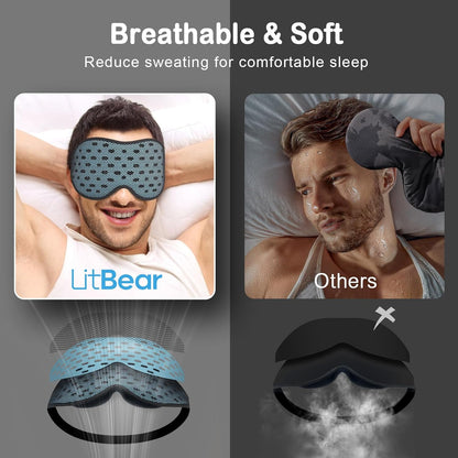 LitBear Breathable Sleep Mask, 3D Eye Mask Sleep for Side Sleepers Women Men, Light Blocking Sleeping Mask with Adjustable Strap, Soft Lightweight Eye Cover for Travel, Night Work, Nap, Office - Blue