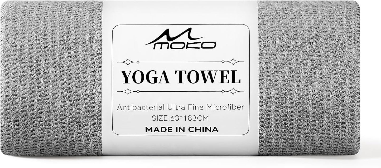 MoKo Hot Yoga Towel, Non-Slip Yoga Mat Towel with Grip Dots, 74.4"×27.3" Yoga Mat Cover for Pilates, Fitness, Meditation, Swimming Pool, Beach, Travel Yoga Mat with Corner Pockets, Gray