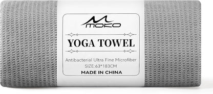 MoKo Hot Yoga Towel, Non-Slip Yoga Mat Towel with Grip Dots, 74.4"×27.3" Yoga Mat Cover for Pilates, Fitness, Meditation, Swimming Pool, Beach, Travel Yoga Mat with Corner Pockets, Gray