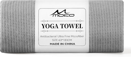 MoKo Hot Yoga Towel, Non-Slip Yoga Mat Towel with Grip Dots, 74.4"×27.3" Yoga Mat Cover for Pilates, Fitness, Meditation, Swimming Pool, Beach, Travel Yoga Mat with Corner Pockets, Gray