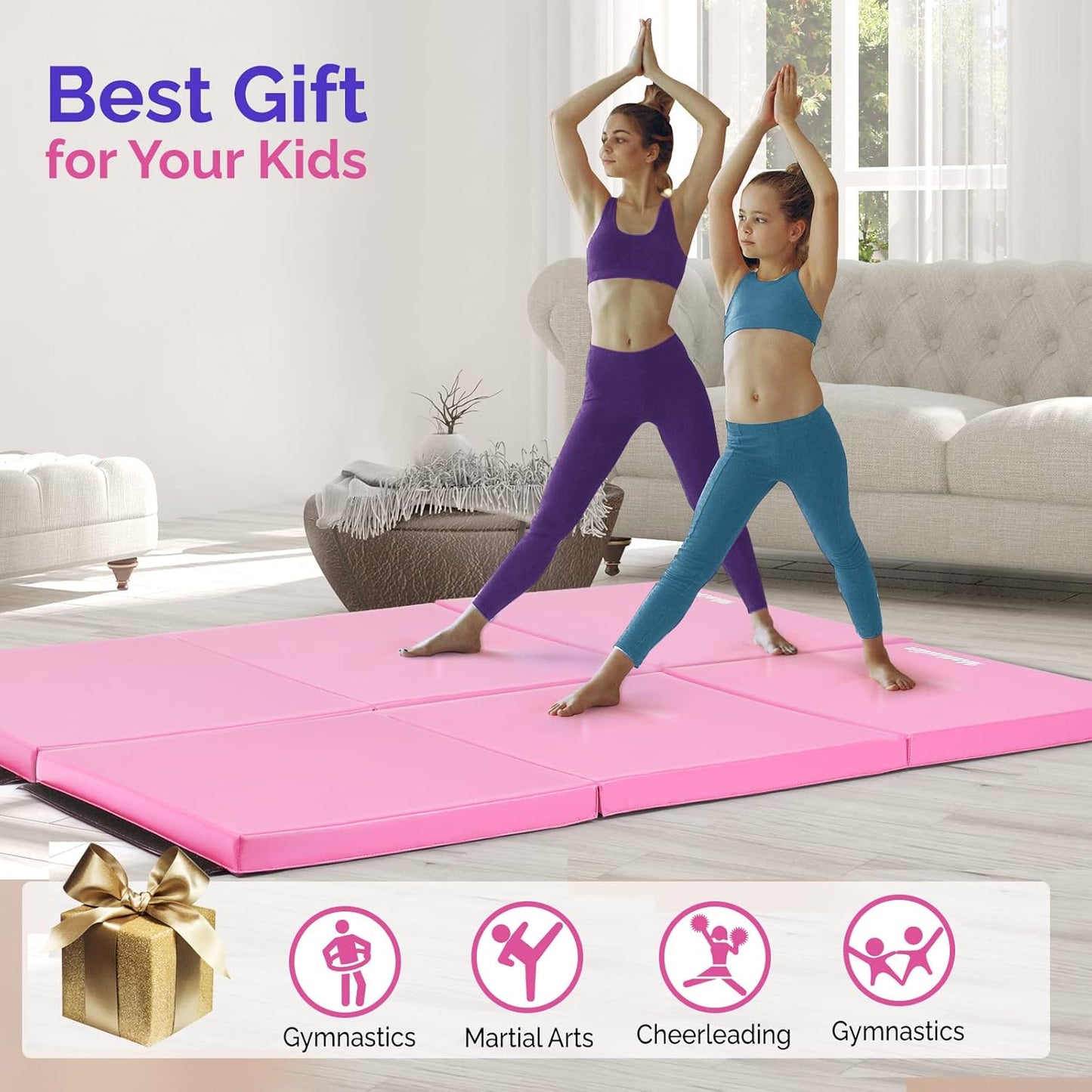 Matladin 6' Folding Tri-fold Gymnastics Gym Exercise Aerobics Mat, 6ft x 2ft x 2in PU Leather Tumbling Mats with Hook & Loop Fastener for Stretching Yoga Cheerleading Martial Arts