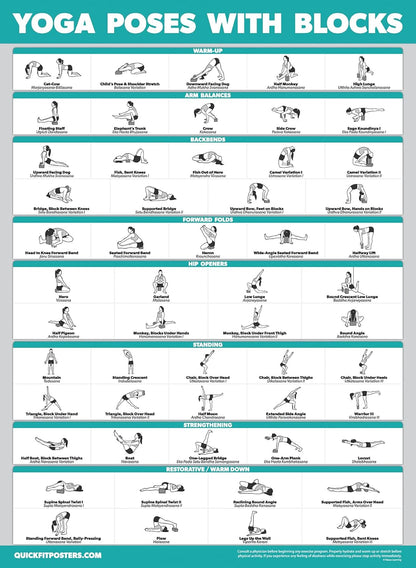 4 Pack - Yoga Block Poses + Pilates Exercise + Yoga Poses Positions + Stretching Posters - Set of Four Fitness Charts