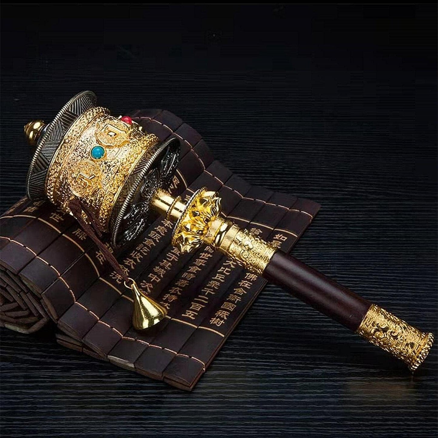 Copper Large Hand Held Prayer Wheel with Tibetan Buddhist Six-Character Truth Premium Buddha Scriptures, Wooden Handle Prayer Wheel for Praying, Blessing, Meditation, Healing, Relaxing, Yoga