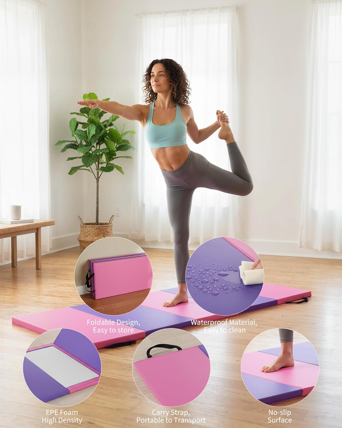 Gymnastics Mat,6x2 Ft(Four-fold) / 6.2x2.6 Ft(Five-fold) Exercise Mats, Gymnastics Tumbling Mats, Thick Portable Home Gym Floor Pad for Yoga, Pilates, Aerobics & Martial Arts Training Children Gifts