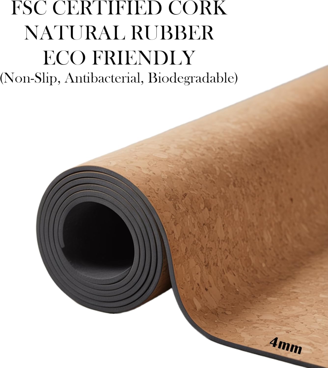 Yoga Mat 183 x 60 cm - 4 mm FSC Cork + Natural Rubber - BLACK