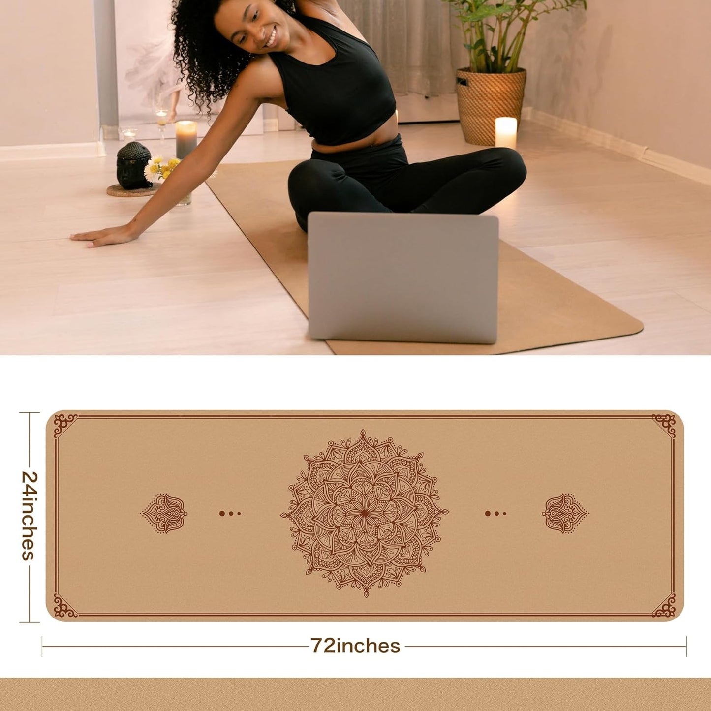 Premium Cork Yoga Mat Non Slip Thick Cork Exercise & Fitness Mat for Yoga, Pilates, & Home Workouts(72" x 24" x 5mm Thick)