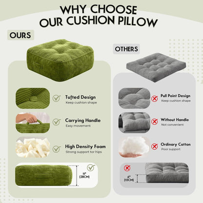 11" Thick Washable Floor Pillow for Adults, Yoga & Meditation Cushion with Handle, Square Large Pillows Seating with Removable Tufted Corduroy Cover for Tatami Living Room Board Games, Blind Shape