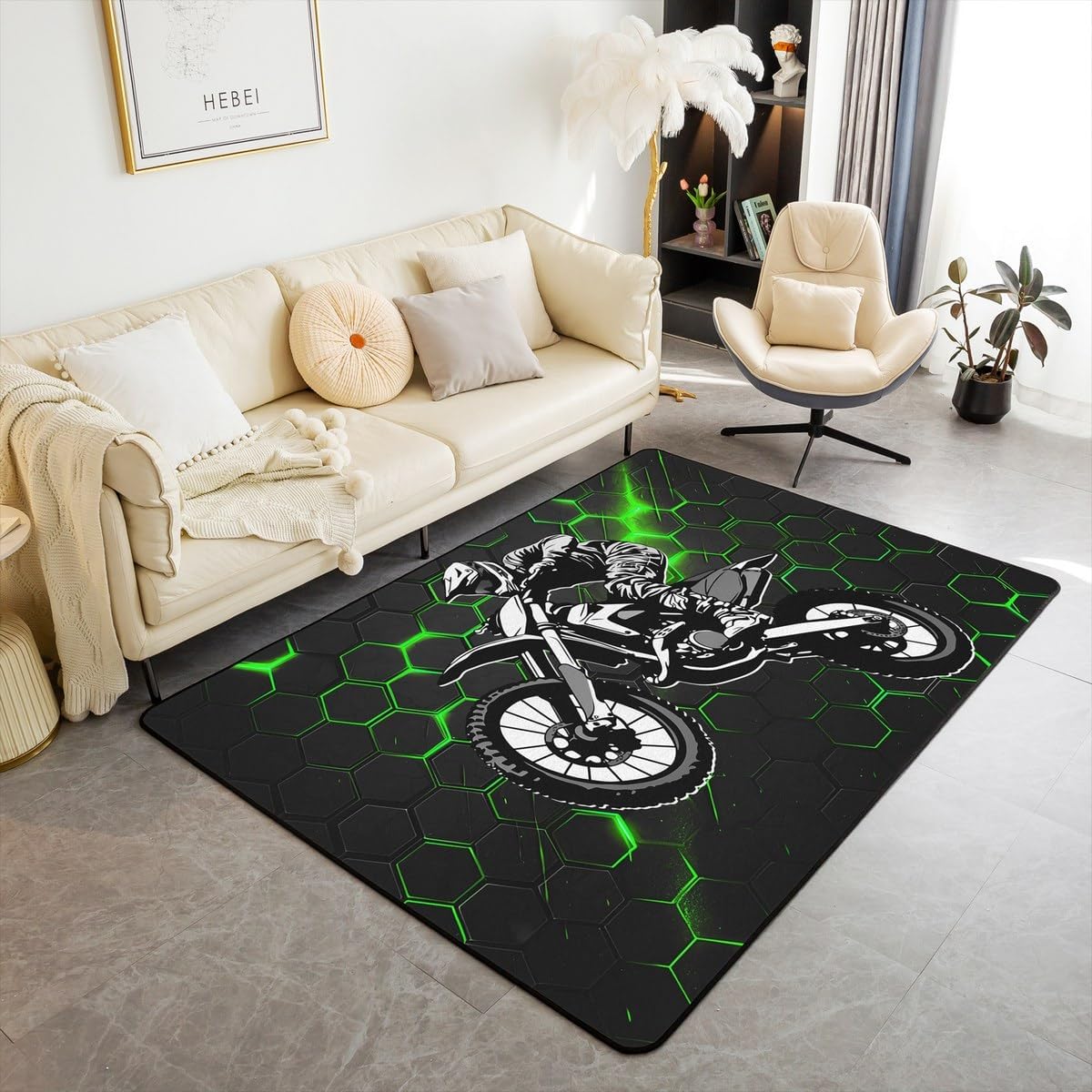 Feelyou Dirt Bike Area Rug 3x5 Kids Extreme Sports Green Honeycomb Living Room Rugs for Bedroom Boys Girls Teens Racing Motocross Rider Decorative Carpet Rug Non-Slip Motorcycle Indoor Floor Mat