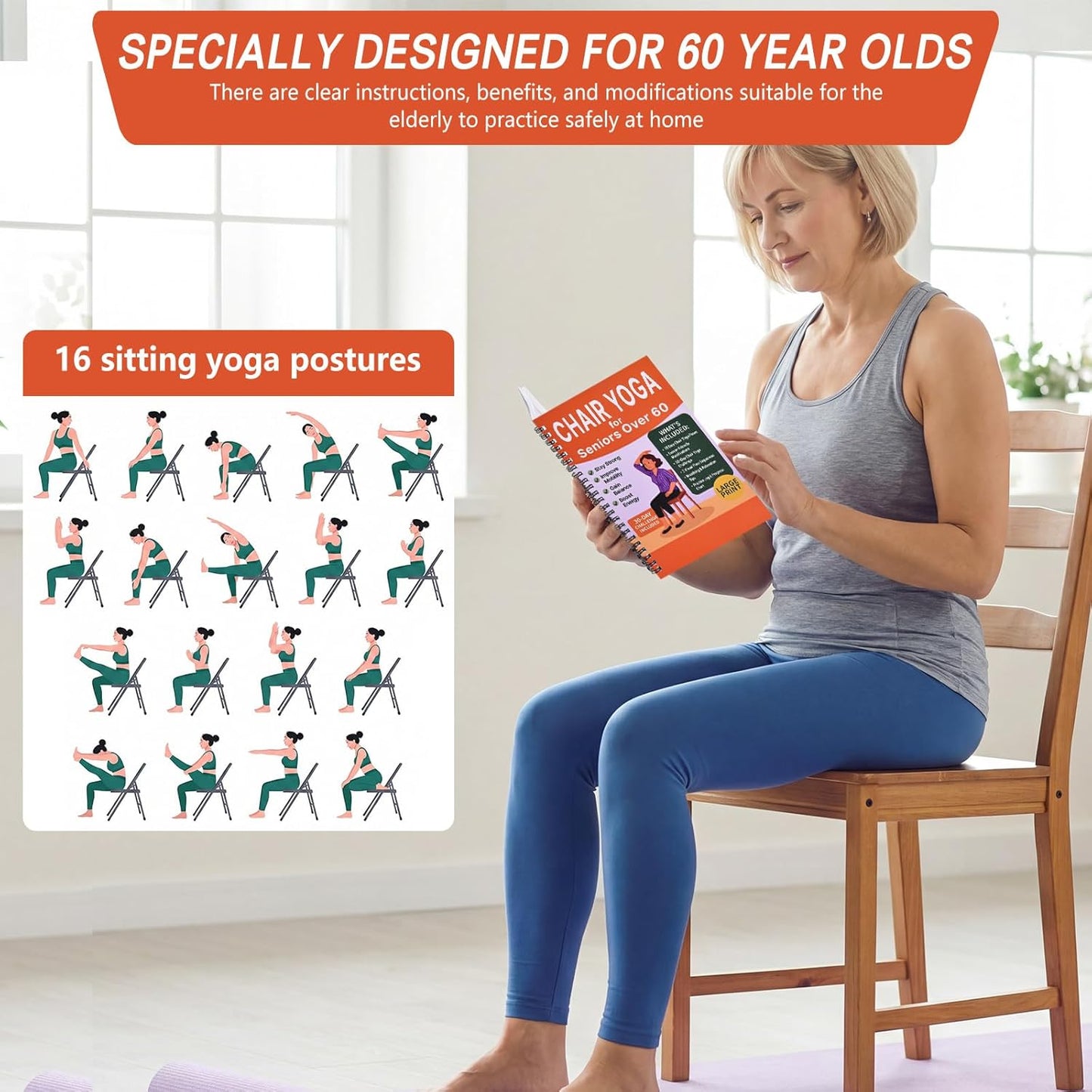 Chair Yoga for Seniors Over 60 Book & Chart – 30-Day Challenge, Gentle Seated Yoga Guide, Chair Yoga for Weight Loss & Flexibility, Senior Chair Exercises for Women & Men，Top Choice for Family Gifts (Purple)