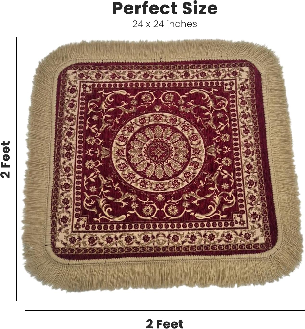 Soft Chenille Prayer Mat | Traditional Mandala Floral Pooja Aasan with Golden Fringes | Multipurpose Square Rug for Meditation, Yoga, Puja Room & Home (Red, 2x2 Feet)