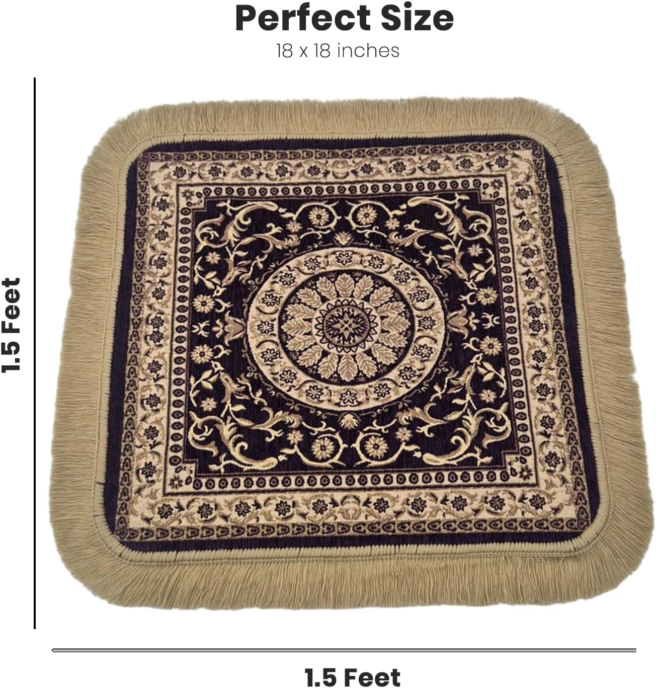 Soft Chenille Prayer Mat | Traditional Mandala Floral Pooja Aasan with Golden Fringes | Multipurpose Square Rug for Meditation, Yoga, Puja Room & Home (Red, 2x2 Feet)