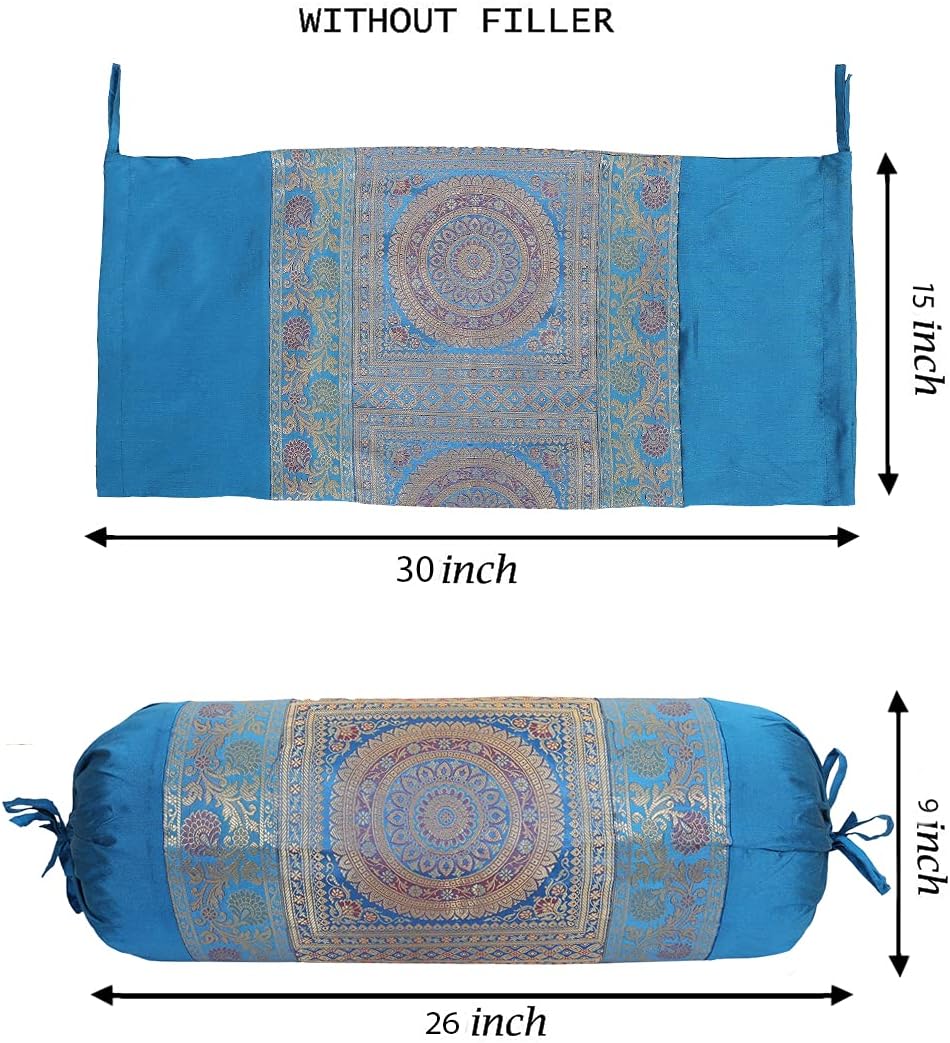 Ethnic Jacquard Brocade Silk Bolster Cushion Covers Cylindrical Hotdog Blue Yoga Massand Living Room Decorative Mandala Traditional Throw Pillowcase 76x38 cm - Set of 2 Pcs